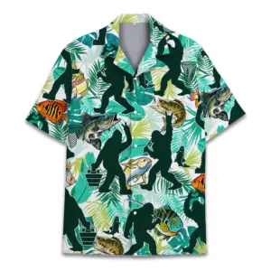 Bigfoot Fishing Hawaiian Shirt Unisex Bigfoot Sasquatch Hawaiian Shirt Summer Beach Aloha Short Sleeve Button Down