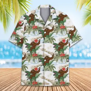 Bigfoot Riding Dinosaur Hawaiian Shirt Unisex Sasquatch Dinosaur Hawaiian Shirt Summer Beach Aloha Button Down Bigfoot Hawaiian Shirt