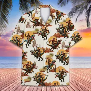 Bigfoot Riding Dinosaur Hawaiian Shirt Unisex Bigfoot Cowboy Hawaiian Shirt Summer Beach Aloha Button Down Western Hawaiian Shirt