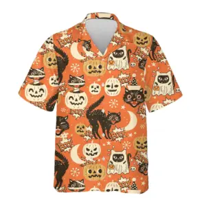 Vintage Halloween Hawaiian Shirts for Unisex Halloween Pumpkin Cat Shirt Short Sleeve Spooky Halloween Shirt