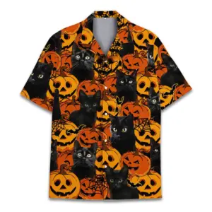 Halloween Black Cat Hawaiian Shirts for Unisex Spooky Cat Shirt Short Sleeve Cat Lover Gift Shirt Pumpkin Cat Shirt