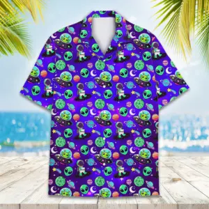 Galaxy Alien Hawaiian Shirt for Unisex Alien Button Down Shirt Summer Beach Aloha Short Sleeve Alien Lover Gifts