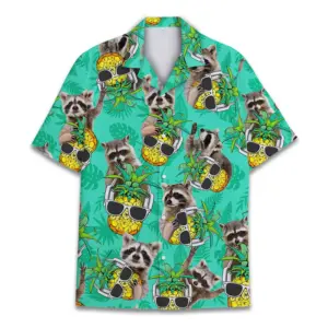 Tropical Raccoon Hawaiian Shirt Unisex Cool Pineapple Raccoon Shirt Raccoon Button Up Holiday Summer Beach Short Sleeve Button Down