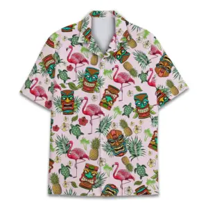 Tropical Tiki Unisex Flamingo And Tiki Shirt Summer Beach Aloha Short Sleeve Tiki Shirt