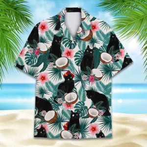 Tropical Black Cat Hawaiian Shirts for Unisex Aloha Summer Beach Cat Shirt Button Down Short Sleeve Cat Lover Gift Shirt