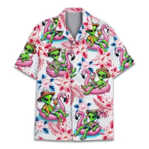 Tropical Alien Hawaiian Shirt for Unisex Alien Flamingo Button Down Shirt Summer Beach Aloha Short Sleeve Alien Summer Shirt