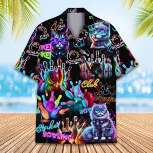 Neon Bowling Cat Hawaiian Shirt for Unisex Neon Bowling Shirt Bowling Team Shirt Bowling Party Shirt