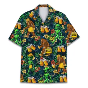 Tropical Bigfoot And Alien Beers Hawaiian Shirt Unisex Bigfoot Alien Hawaiian Shirt Summer Beach Aloha Short Sleeve Button Down