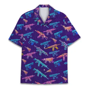 Neon Gun Hawaiian Shirt for Unisex Tropical Pattern Hawaiian Shirt Summer Beach Aloha Short Sleeve Gun Button Down