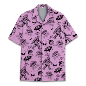 Bigfoot And Alien Hawaiian Shirt Unisex Bigfoot Sasquatch Hawaiian Shirt Summer Beach Aloha Button Down Bigfoot Alien Shirt