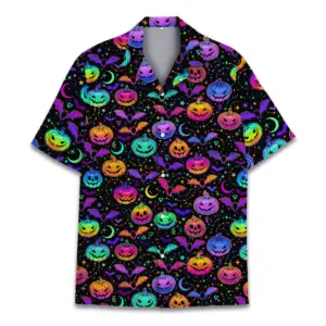 Halloween Pumpkin Hawaiian Shirts For Unisex Neon Halloween Shirt Casual Shirt Short Sleeve Button Down Halloween Button Up