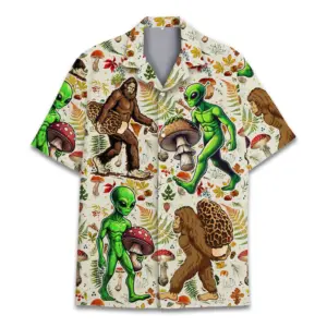 Bigfoot And Alien Hawaiian Shirt Unisex Mushroom Hawaiian Shirt Summer Beach Aloha Short Sleeve Mushroom Button Down