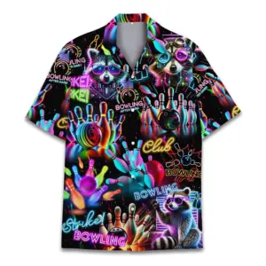 Neon Bowling Raccoon Hawaiian Shirt for Unisex Neon Bowling Shirt Raccoon Button Down Shirt Bowling Party Shirt