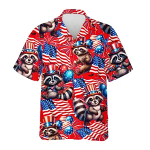 Raccoon 4th of July Hawaiian Shirt Unisex Raccoon American Flag Shirt Short Sleeve Button Down Independence Day Shirt